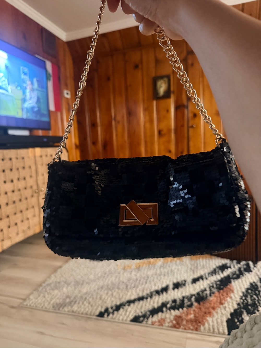Black Sequin Chain Shoulder Bag - Unbranded